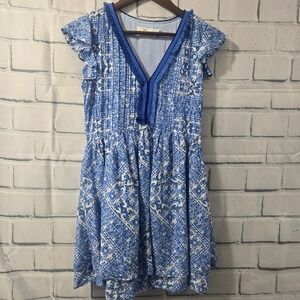 Vineyard Vines Blue White Geometric Tile Print Fringe V-Neck Mini Dress XXS